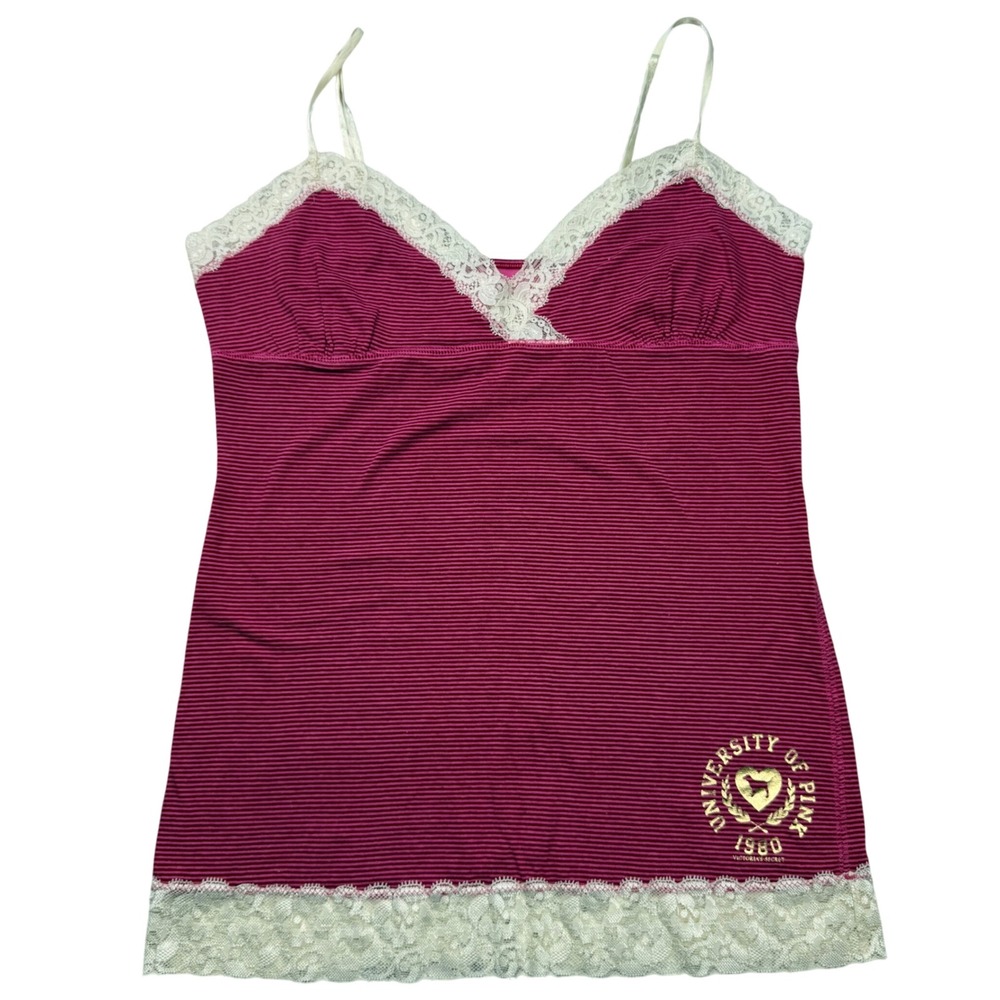 True VTG Y2K Victoria's Secret PINK Striped Lace Babydoll Cami Top L 2008 Pink